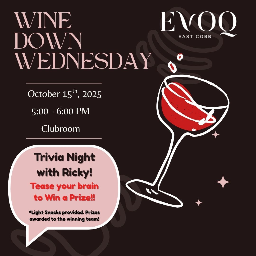 Wine Down Wednesday event: trivia night with Ricky at EVOQ restaurant, October 15, 2025, 5:00-6:00 PM.