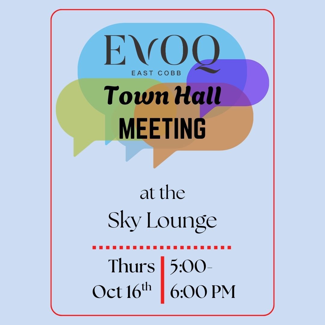 Town Hall Meeting at Sky Lounge by EVOO, Thurs Oct 16th 5:00-6:00 PM. Speech bubbles in blue, green, purple, and orange.