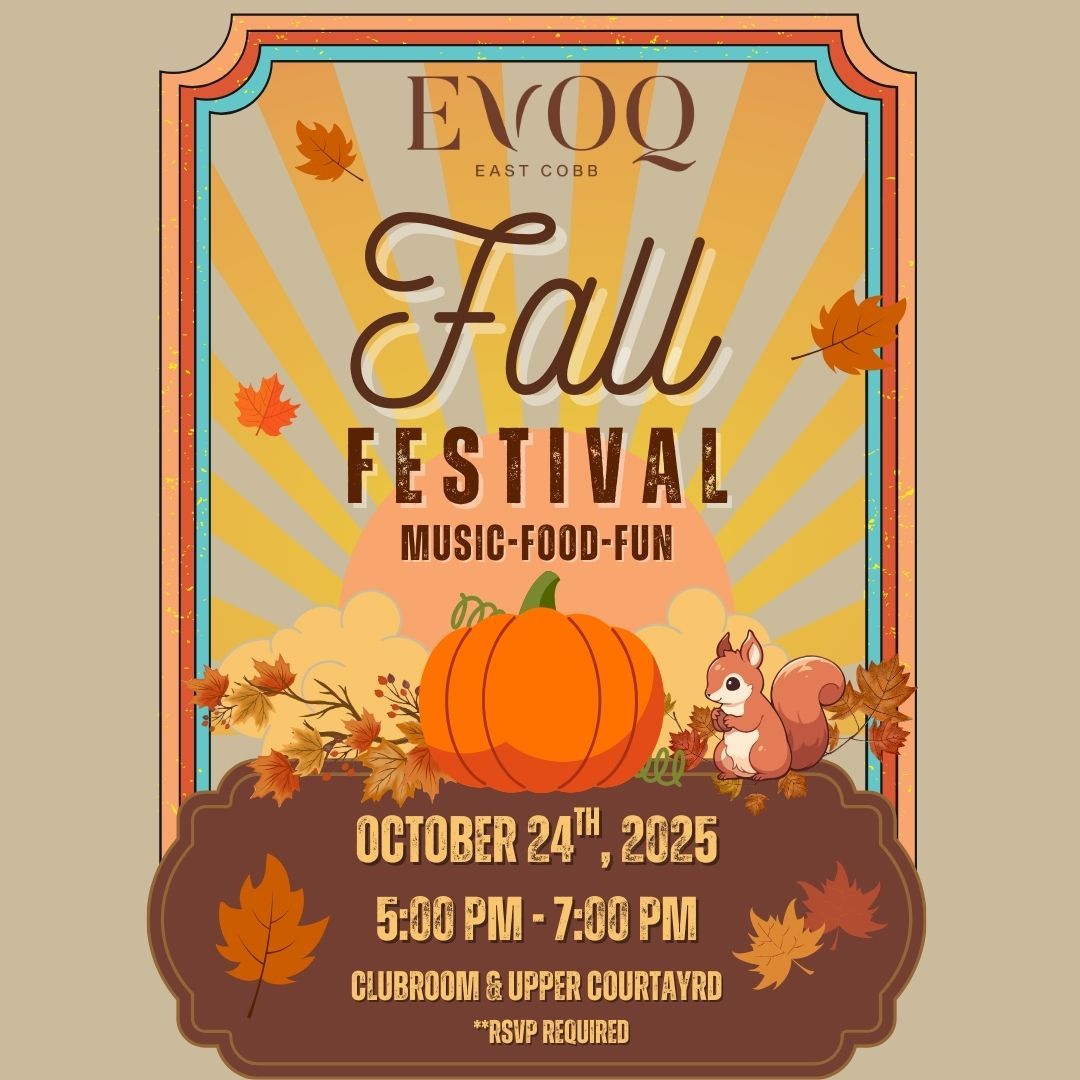 Fall Festival at EVOQ on October 24, 2025, with music, food, and fun. Orange, brown, and tan with pumpkin & squirrel.