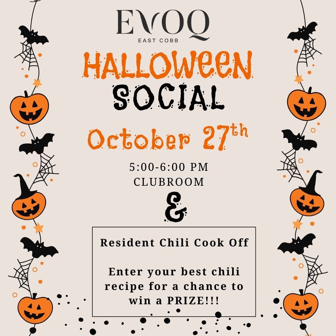 Halloween social flyer: Features pumpkins, bats, spiderwebs, and event details like the date, time, location, and a chili cook-off.