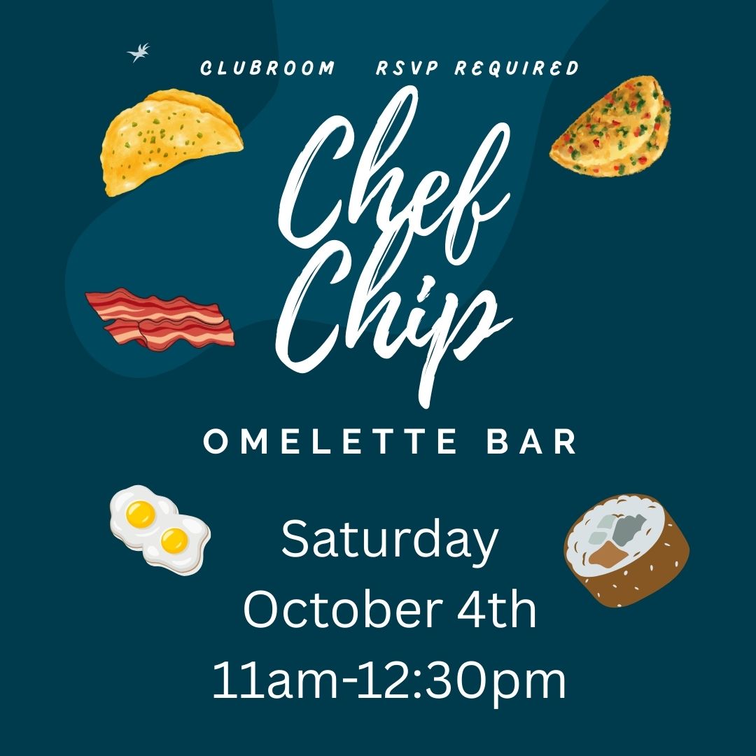 Chef Chip Omelette Bar event: Saturday, Oct 4th, 11am-12:30pm. Turquoise background, food illustrations.