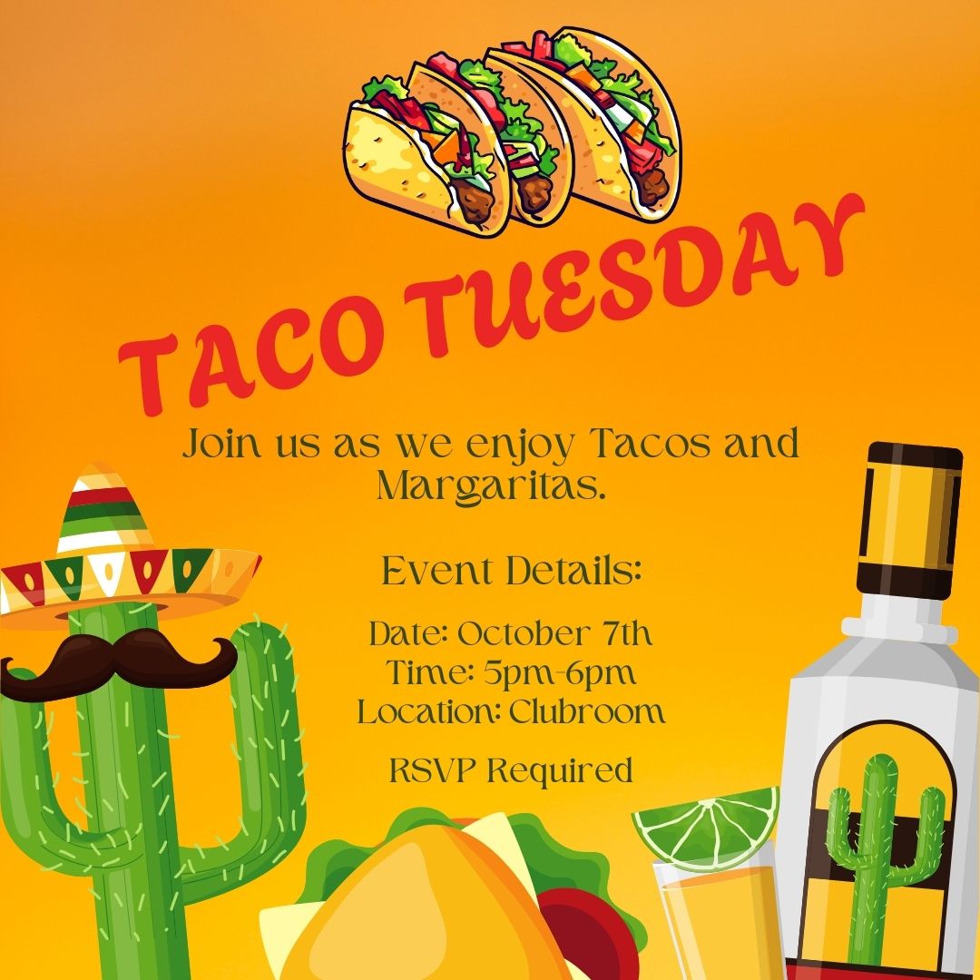 Taco Tuesday flyer: Tacos, margaritas, and cactus graphics in orange, with event details.