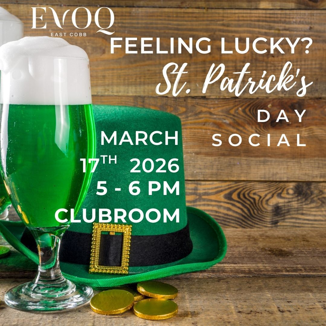 St. Patrick's Day social flyer with green beer and hat. March 17th, 2026, 5-6 PM at the Clubroom.