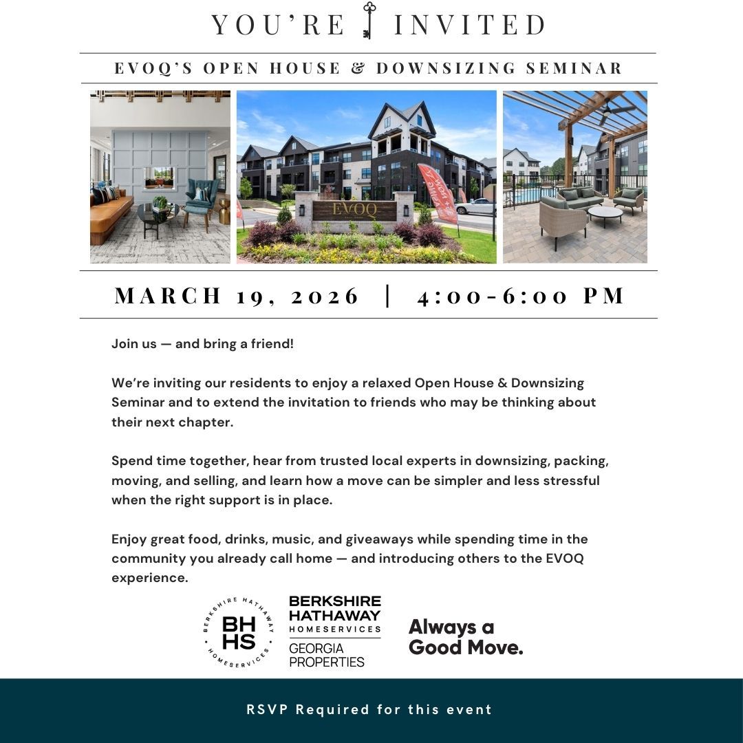 Invitation for EVOQ's Open House and Downsizing Seminar, March 19, 2016, 4:00-6:00 PM. Includes property photos and Berkshire Hathaway logo.