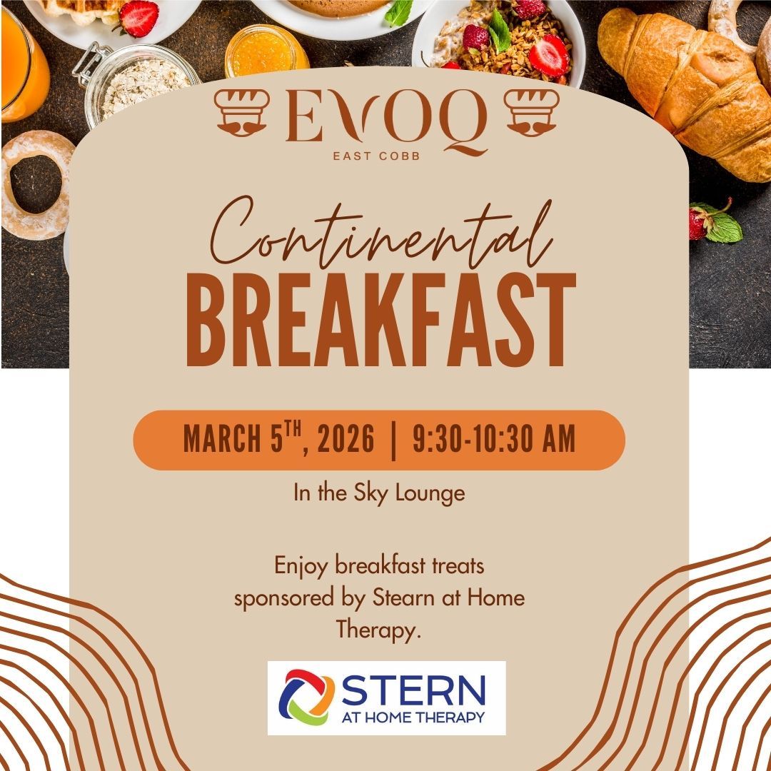 Promotional poster for a Continental Breakfast at EVOQ restaurant on March 5, 2026, sponsored by Stern at Home Therapy.