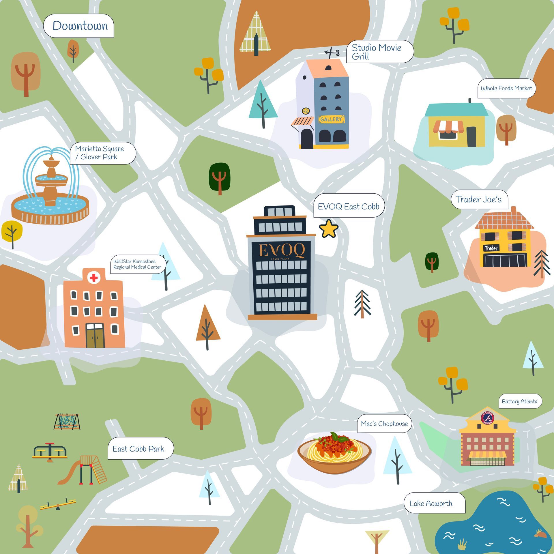 Map of a town with buildings, parks, roads, and a fountain.