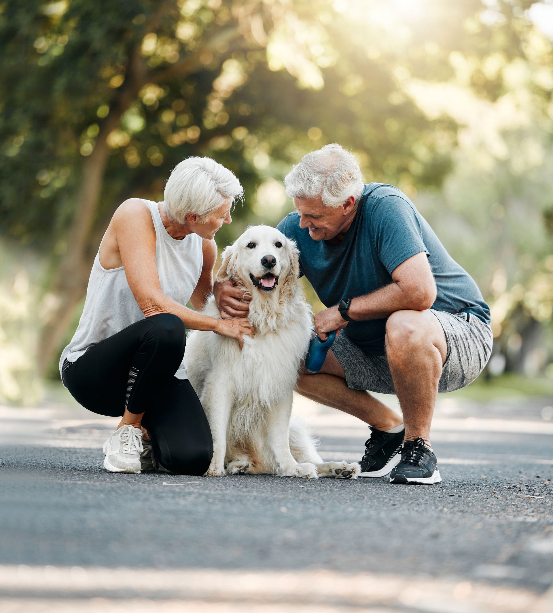 Couple petting a golden retriever on a paved path outdoors. Sunlight and trees in the background.