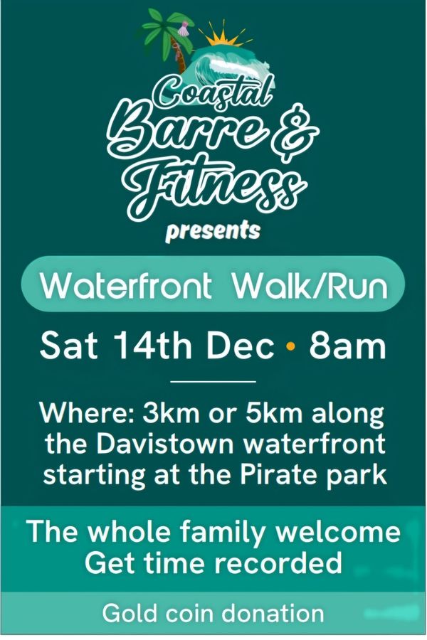 A poster for a waterfront walk / run on saturday december 14th