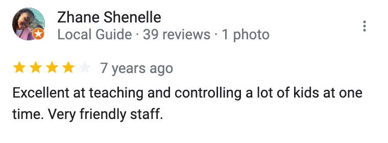 A review from zane shenelle shows that she is excellent at teaching and controlling a lot of kids at one time.