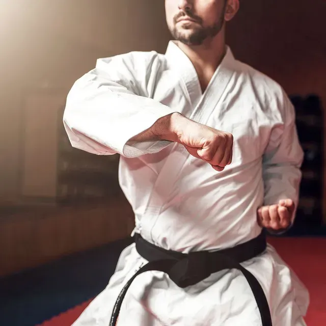 A man in a white karate uniform with a black belt