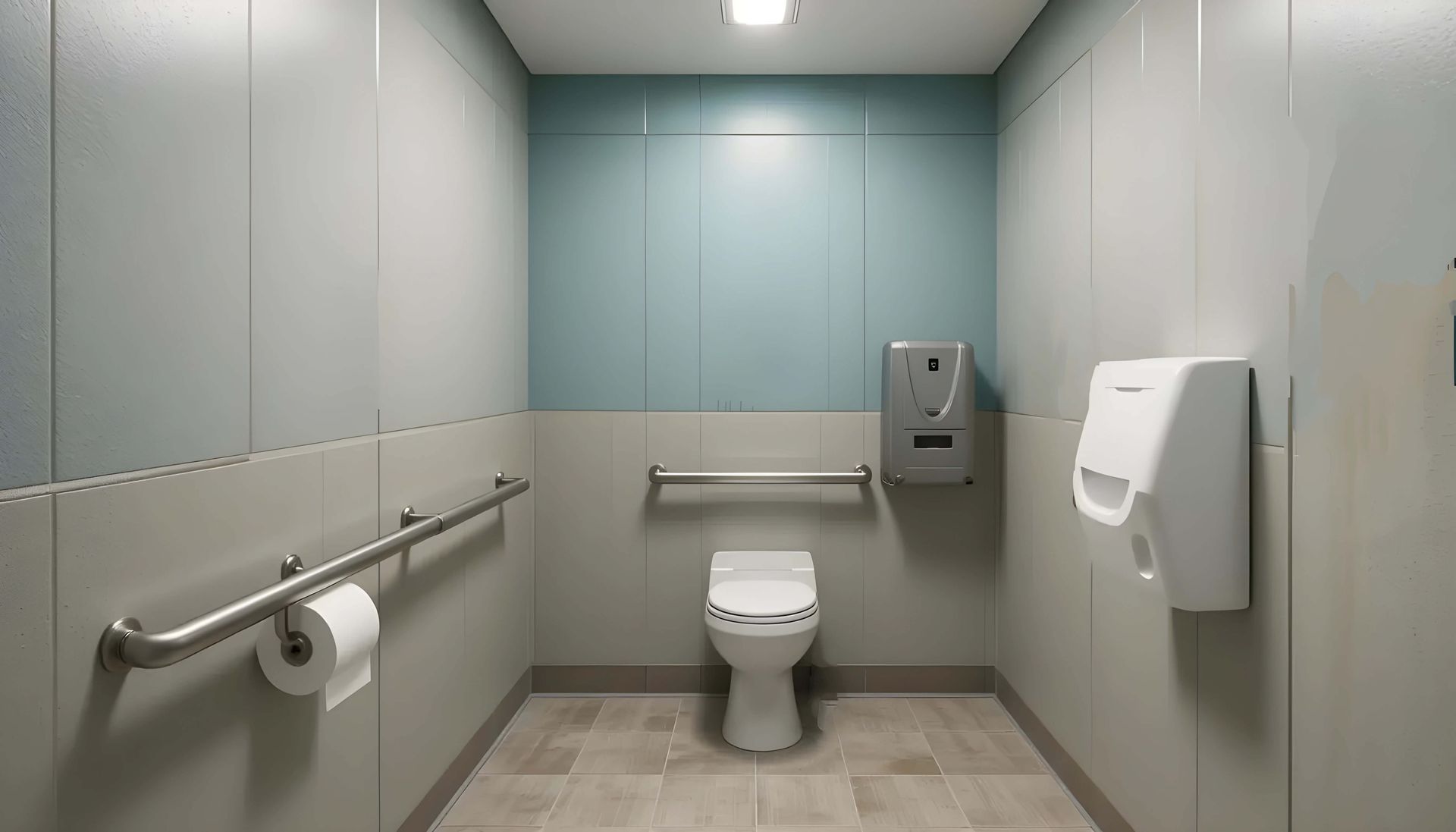 Accessible bathroom with grab bars, toilet, soap dispenser, and hand dryer in a clean, modern space