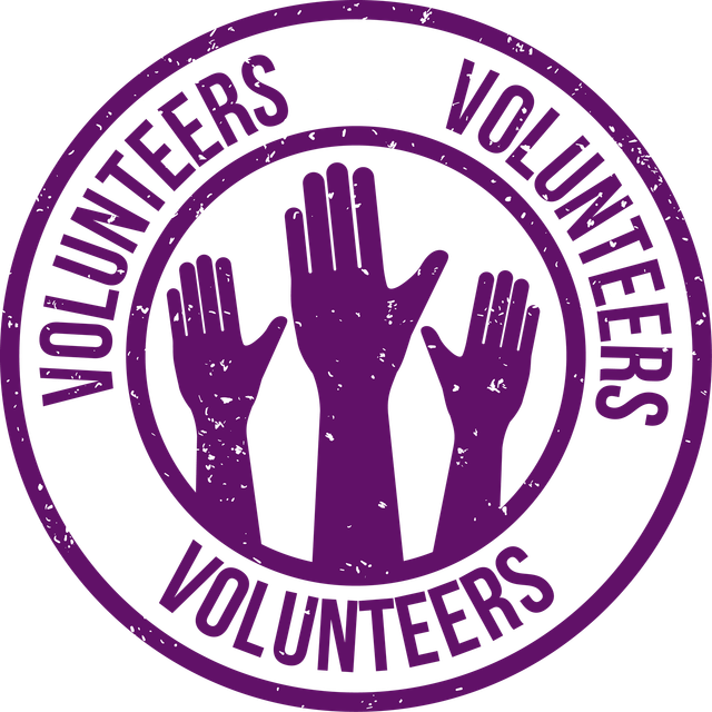 Purple volunteer badge showing raised hands
