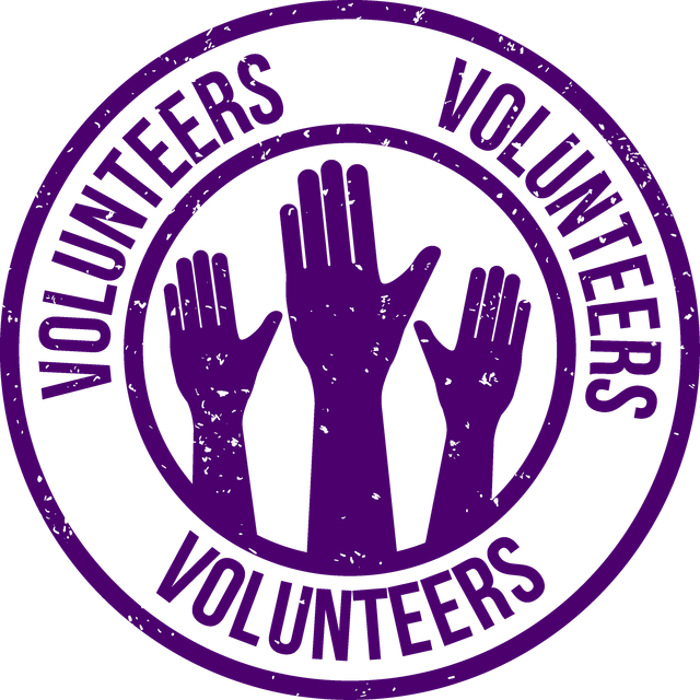 Purple volunteer badge showing raised hands