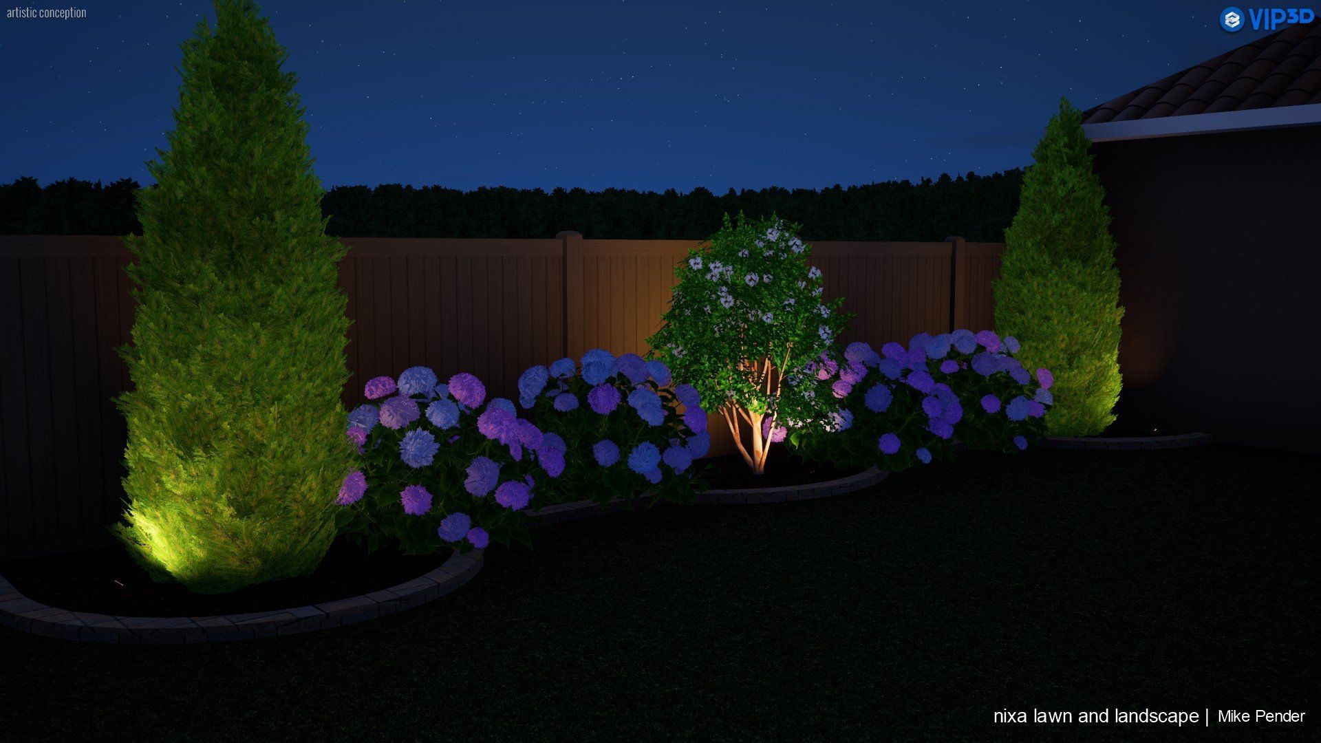 Backyard garden at night, illuminated shrubs and trees, with a wooden fence.