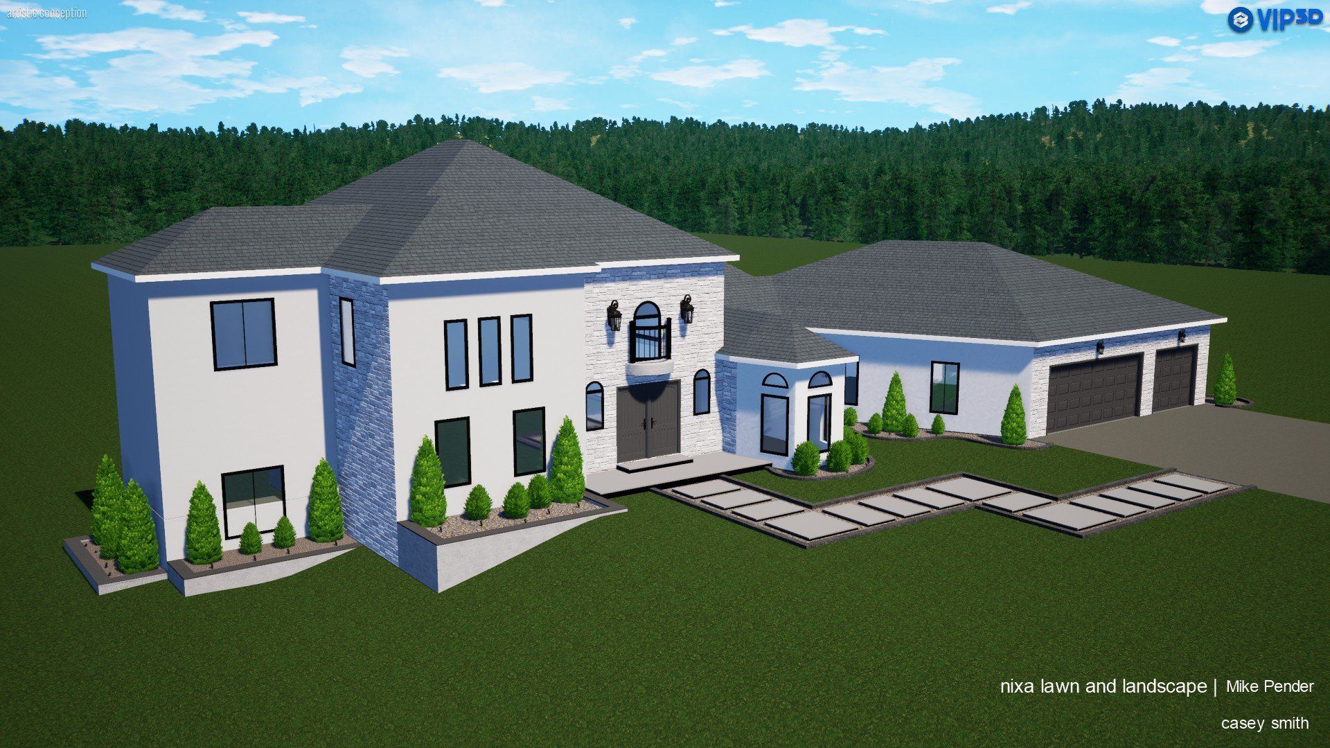 White stucco house with gray roof, green grass, trees, and a blue sky.