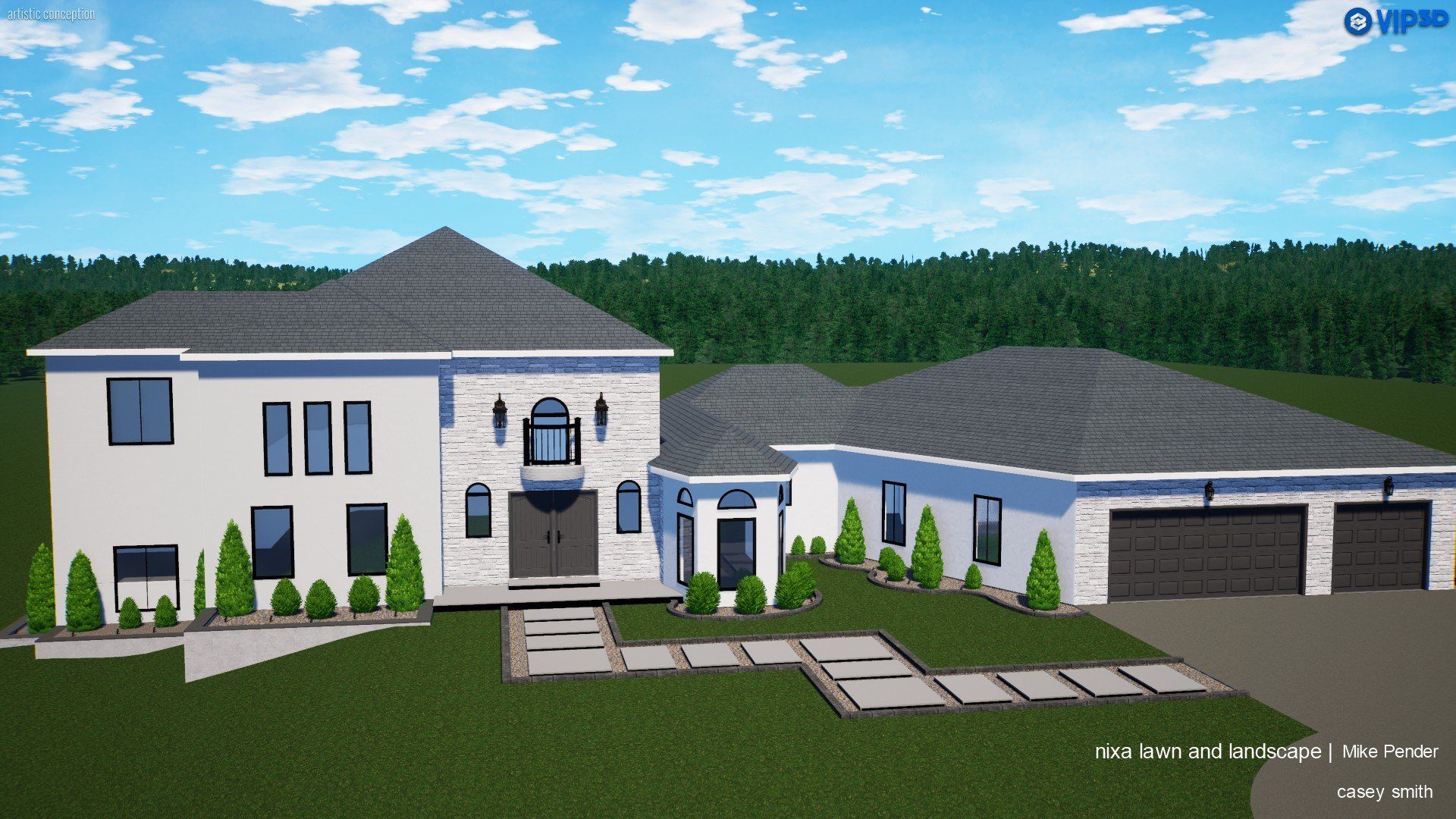 Modern white house with gray roof, front steps, and garage. Green trees and blue sky background.