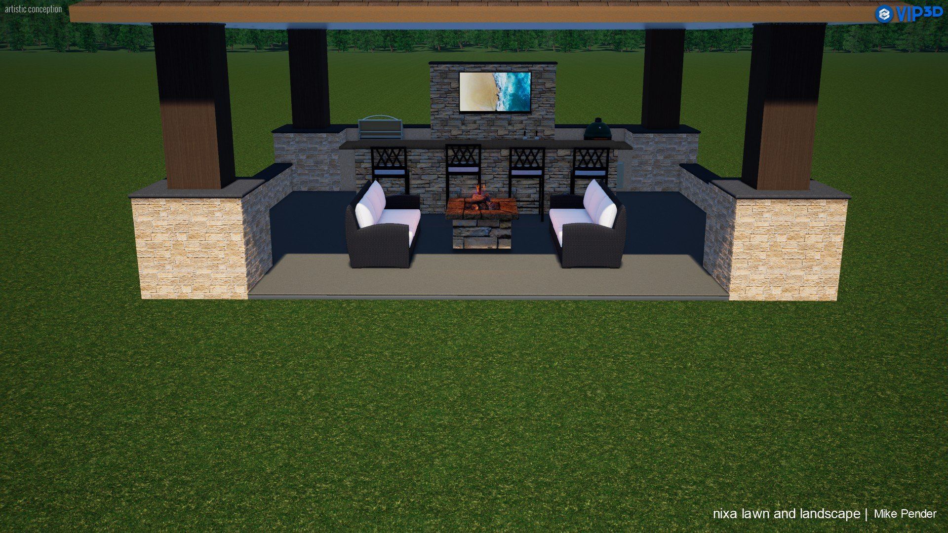 Outdoor kitchen with grill, seating, and TV under a covered structure on green grass.
