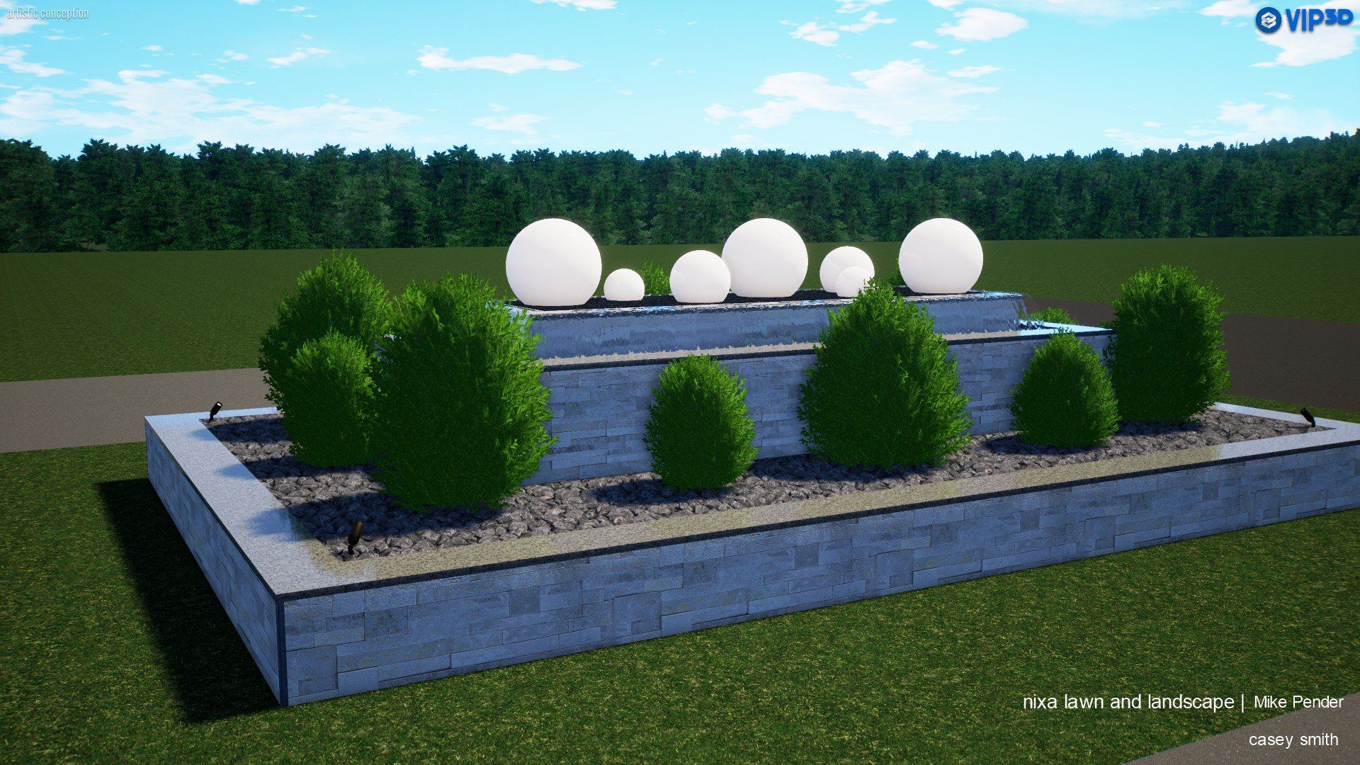 A modern outdoor fountain with white globe lights, green bushes, and a backdrop of trees and blue sky.