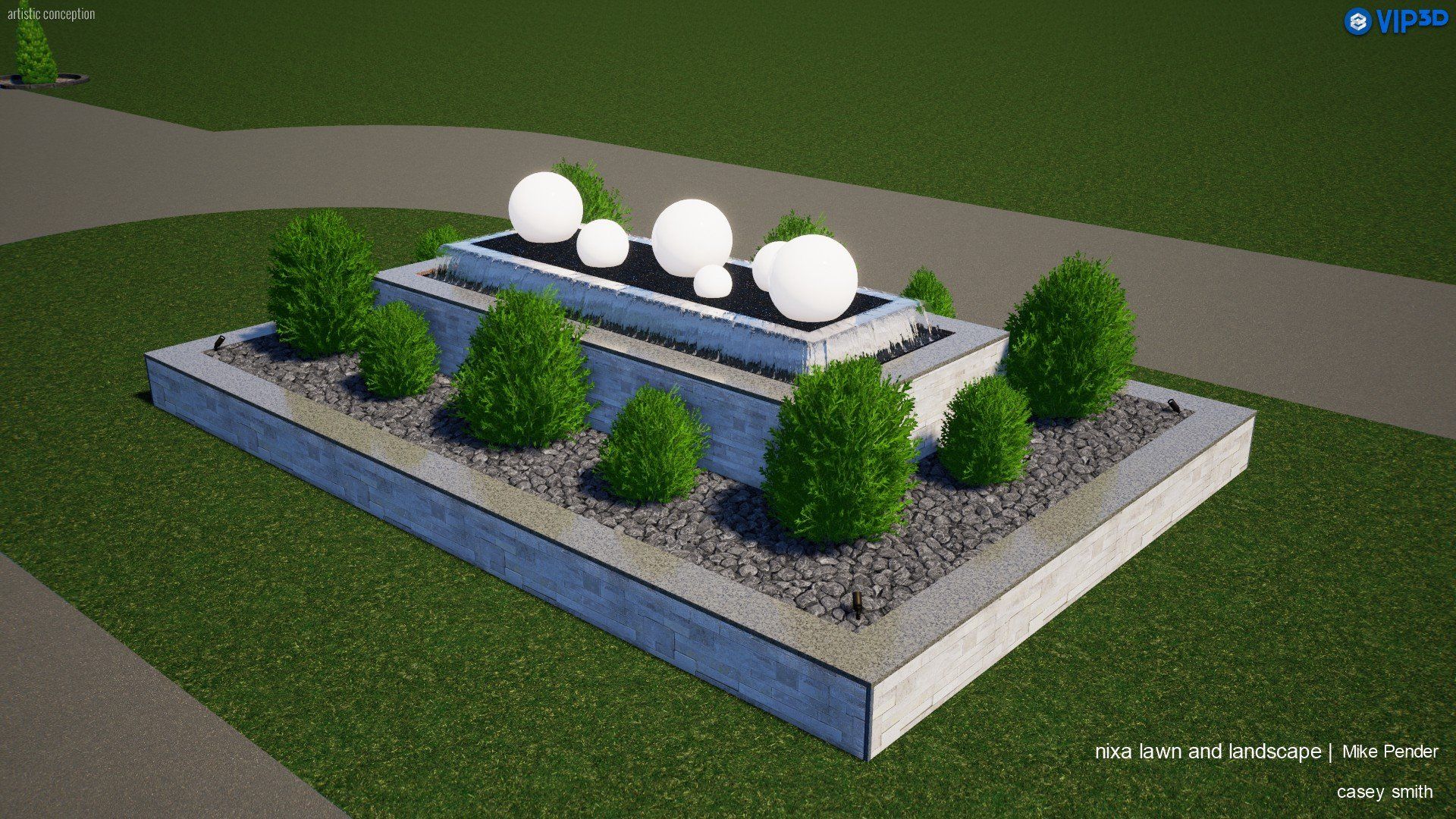 A tiered concrete planter with small green bushes, dark stones, and glowing white orbs.