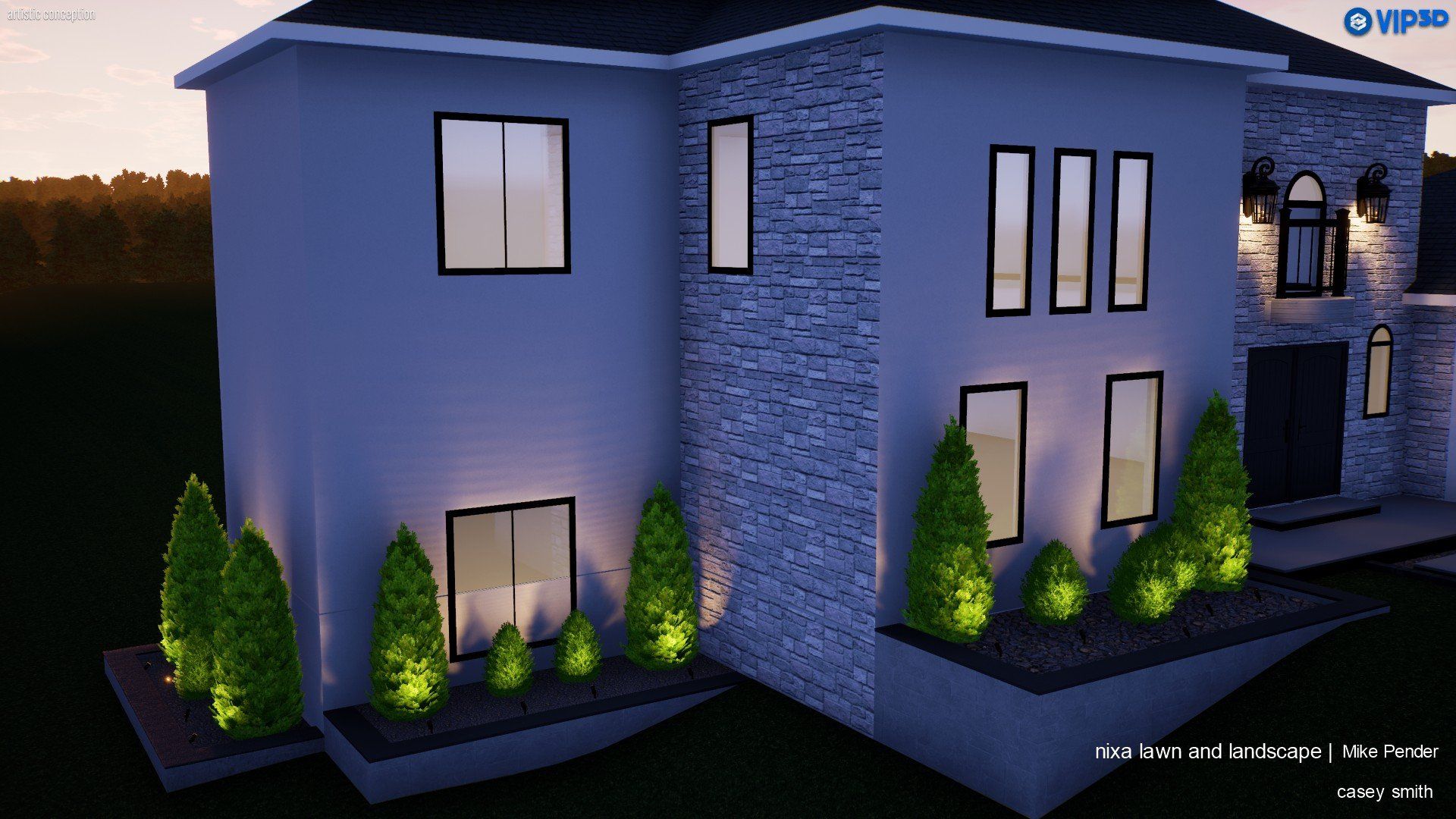 Modern house exterior illuminated at dusk with stone accents and landscaping.