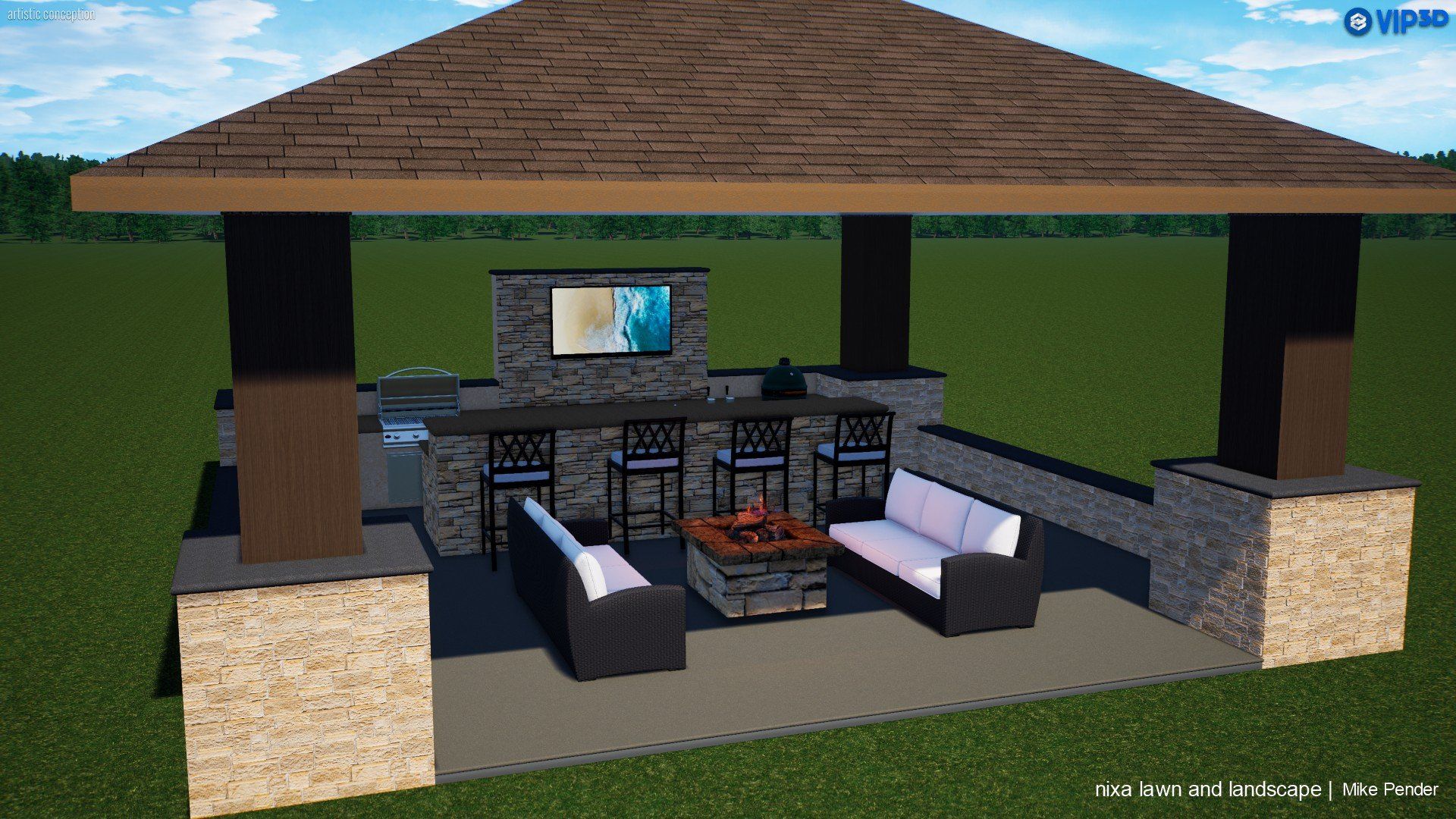 Outdoor kitchen with a TV, bar, seating area, and fire pit under a brown roof.