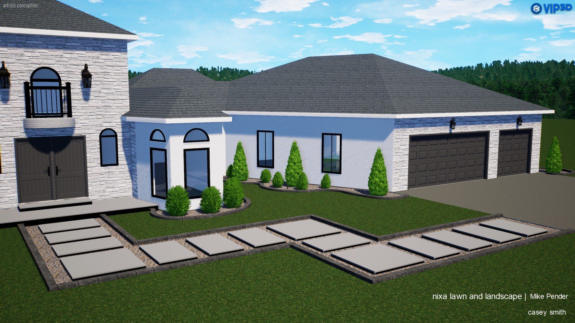 A two-story white house with a stone facade, black doors, and a three-car garage. A stone walkway leads to the front.