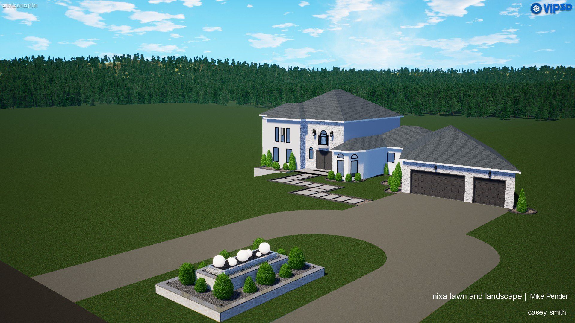 3D rendering of a large, white house with a two-car garage and a landscaped front yard, on a bright, sunny day.