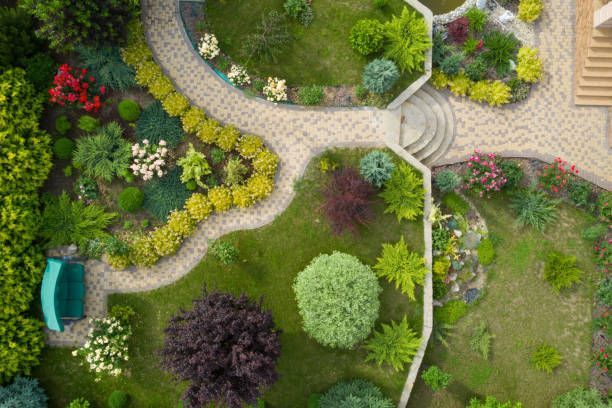 A garden view taken from above, with walkways and green grass.