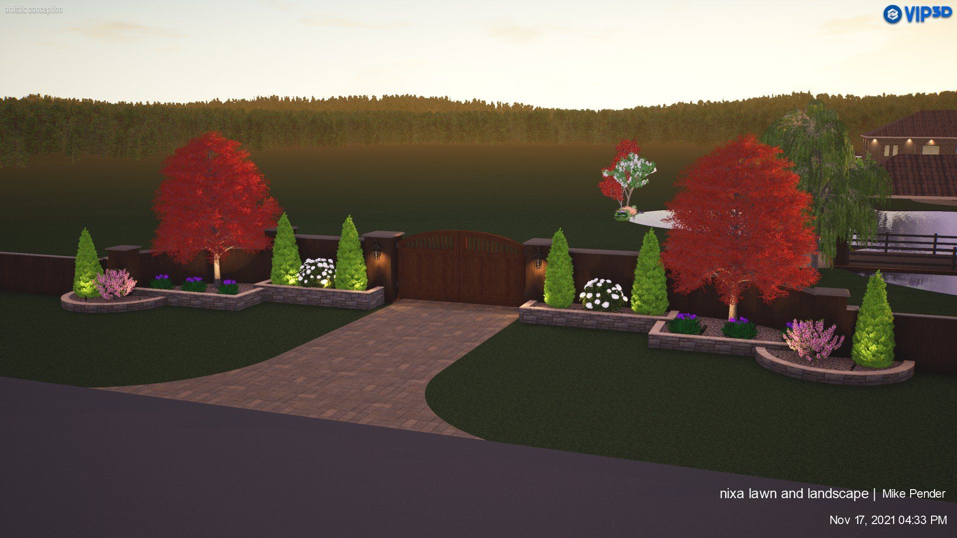 A garden entrance with a stone walkway, a wooden gate, and colorful landscaping lit with spotlights.