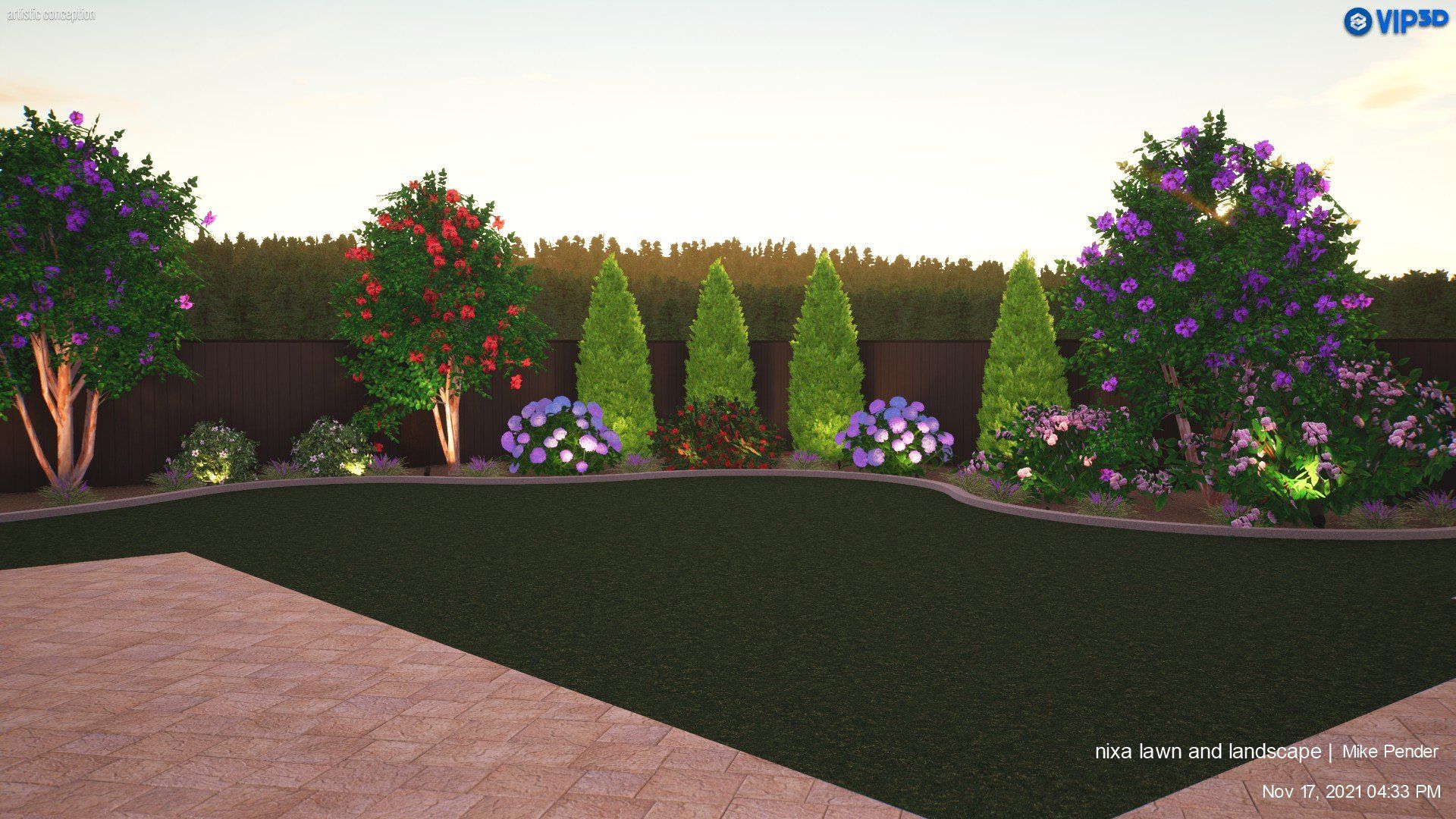 Backyard garden with trees, shrubs, and lighting along a dark hedge and grassy area.