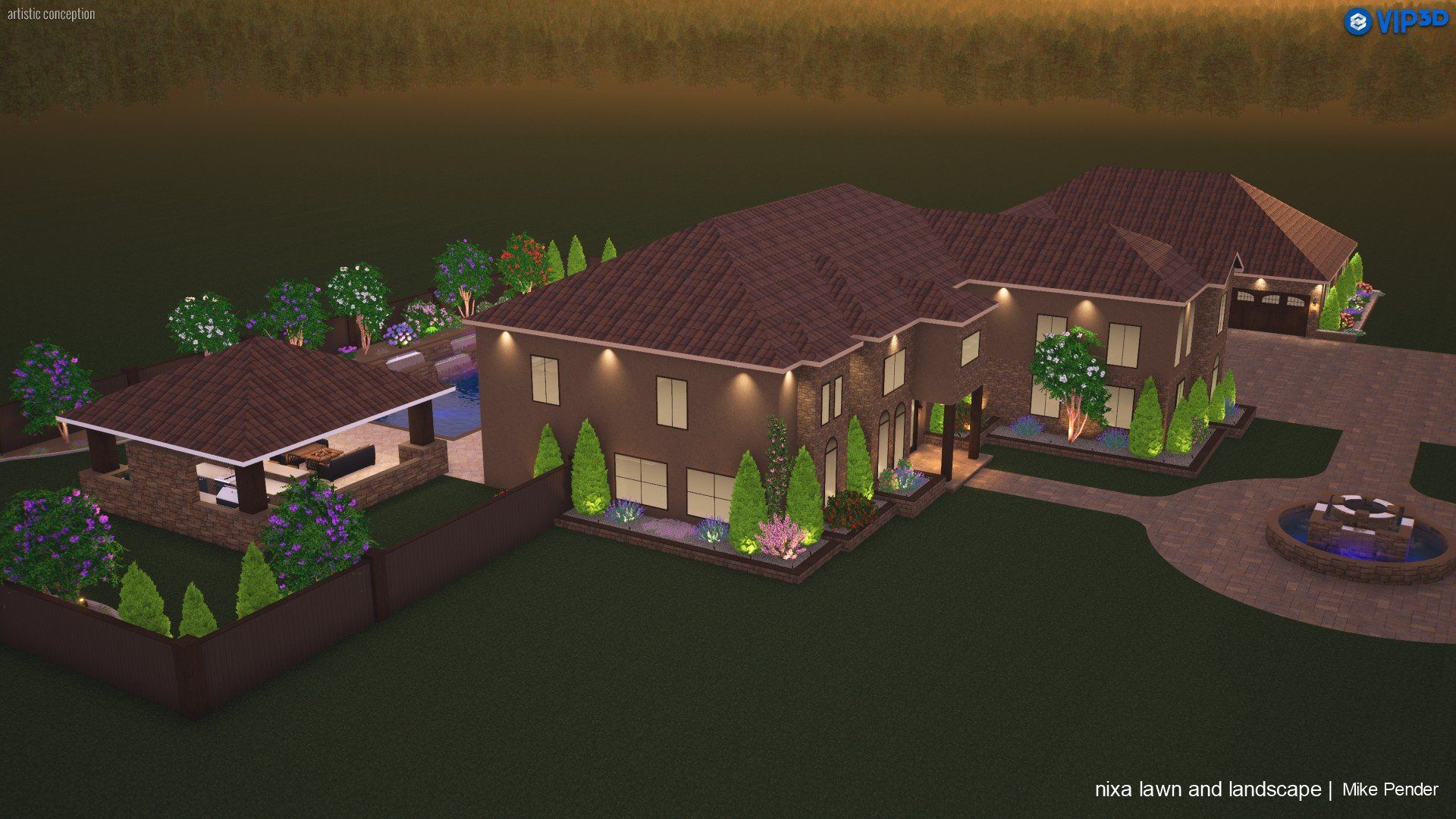 Large, brown-roofed house with landscaping, a circular driveway, and garage.