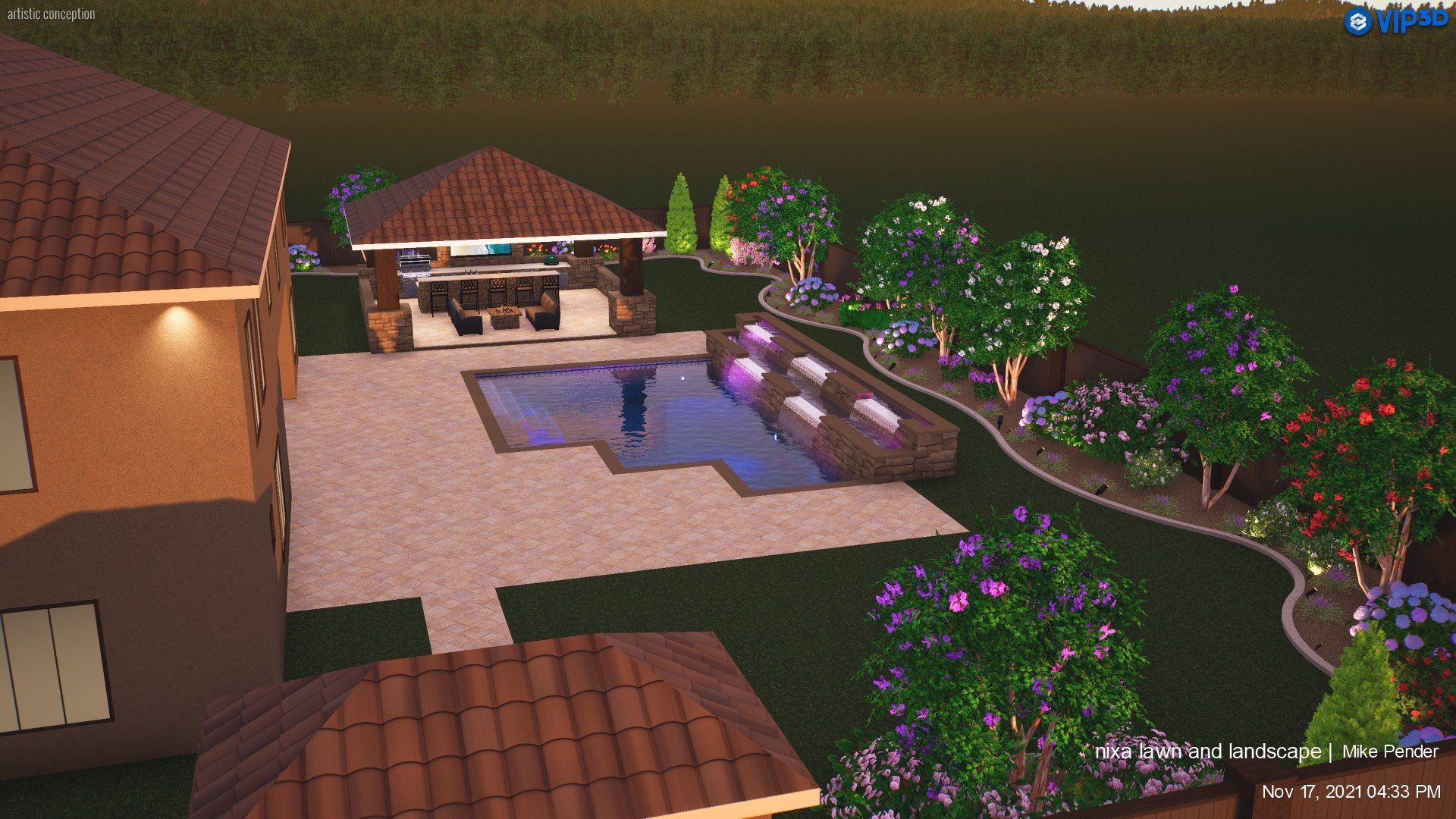 Backyard with pool, patio, gazebo, and landscaping; green lawn, blue water, brown roof.