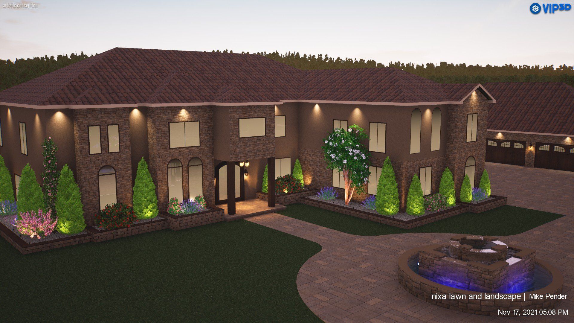 Large brick home with brown roof, circular driveway, fountain, landscaping, and garage.