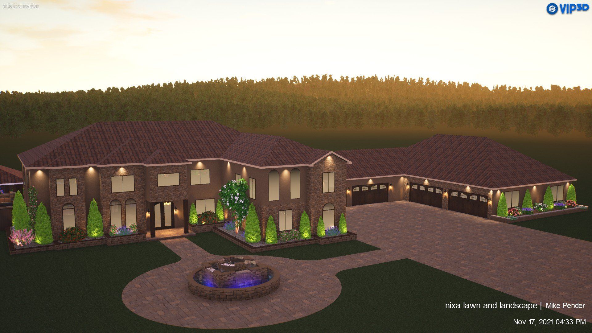 A large, brown brick mansion with a circular driveway and fountain, set against a wooded backdrop.