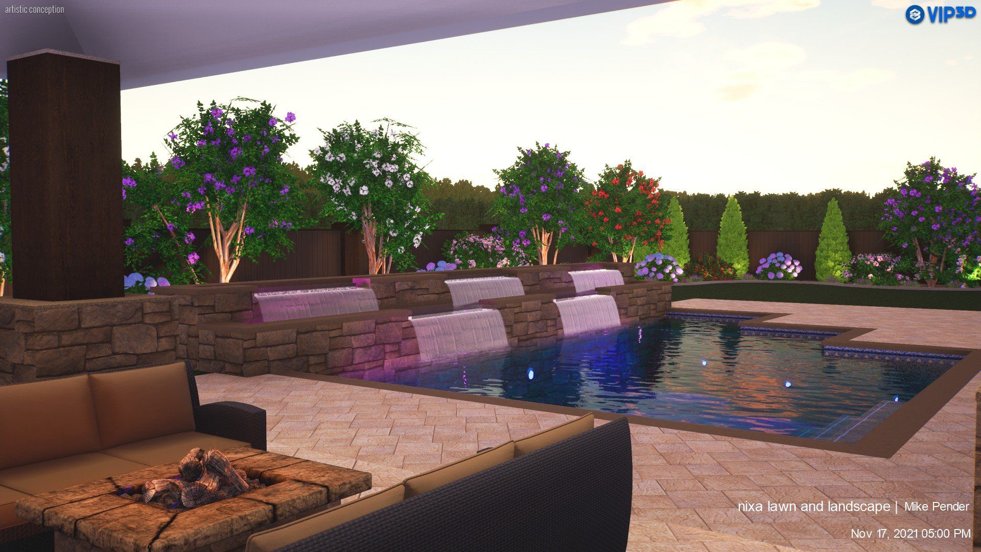 A luxurious outdoor space with a pool, waterfall feature, and lush landscaping.