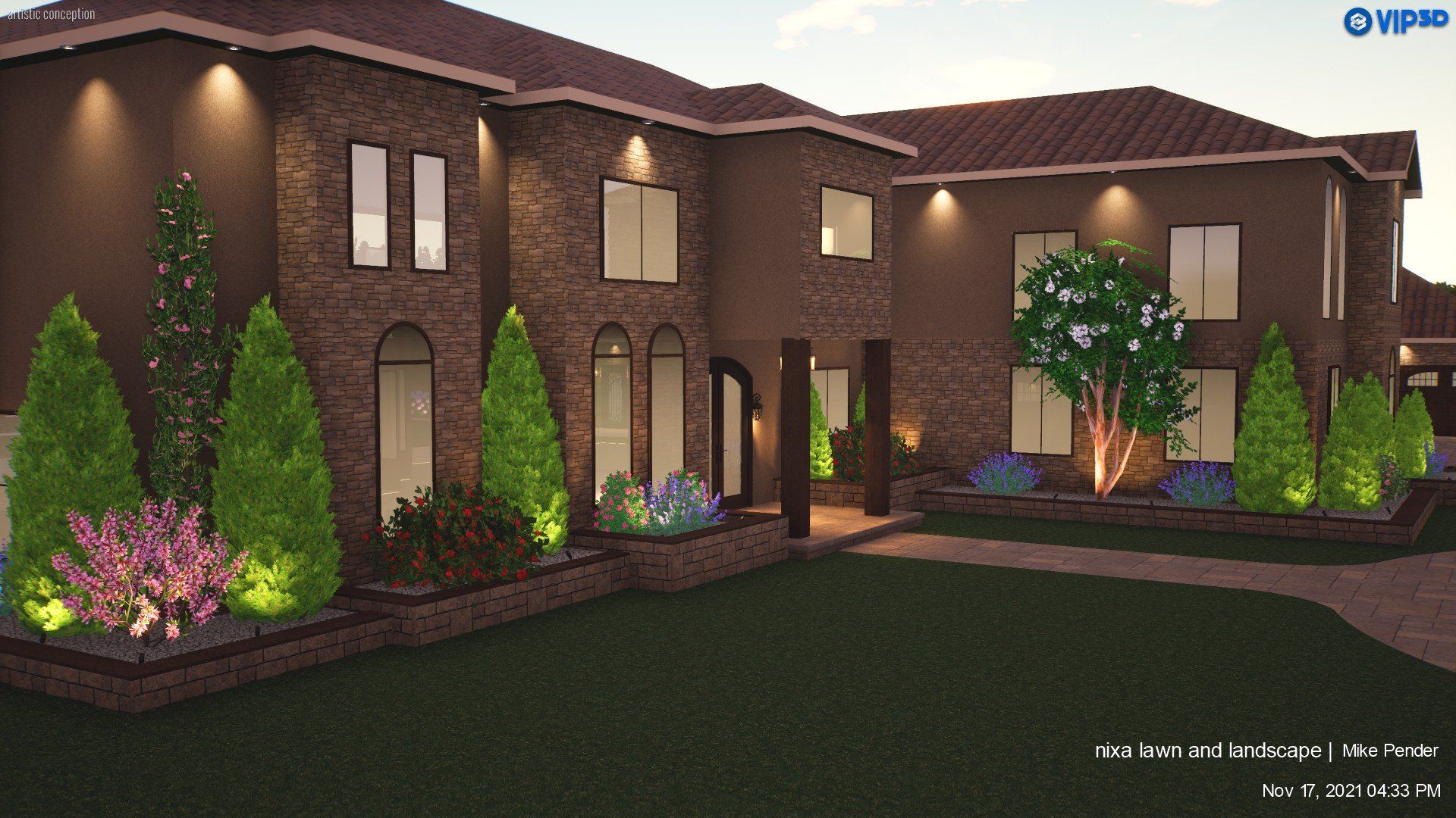 Luxurious two-story home with landscaping. Brown brick, green grass, and illuminated bushes under a night sky.