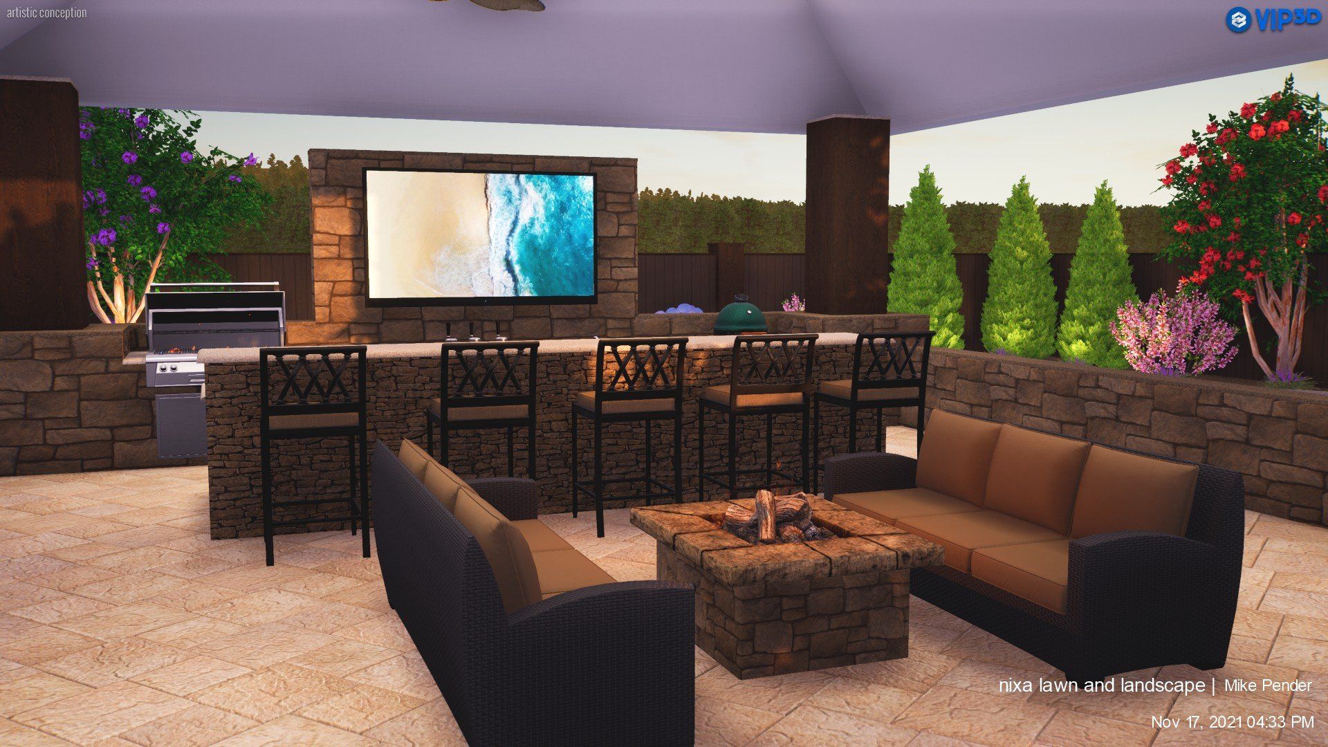 Outdoor patio with a bar, seating area, and TV. Stone and dark brown accents.