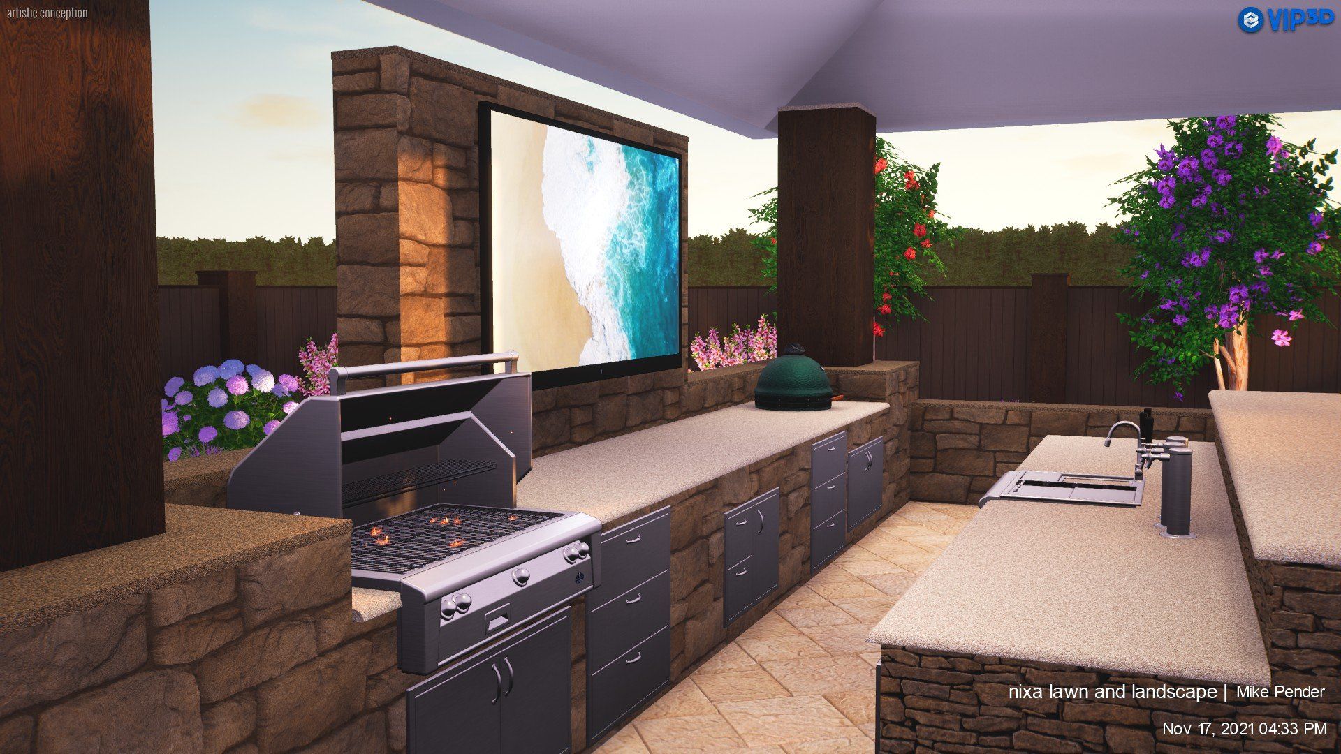 Outdoor kitchen with grill, TV, and sink, all built with stone and stainless steel.