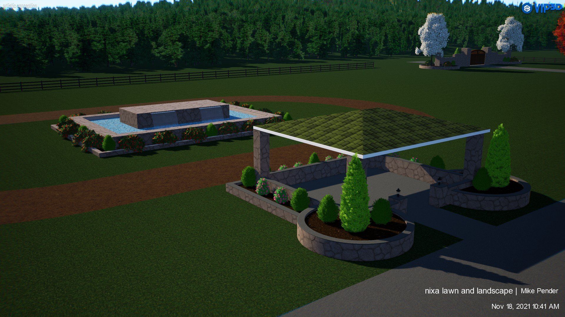 Landscaping with a water feature and a canopy structure with green roof. Trees and shrubs surround the scene.