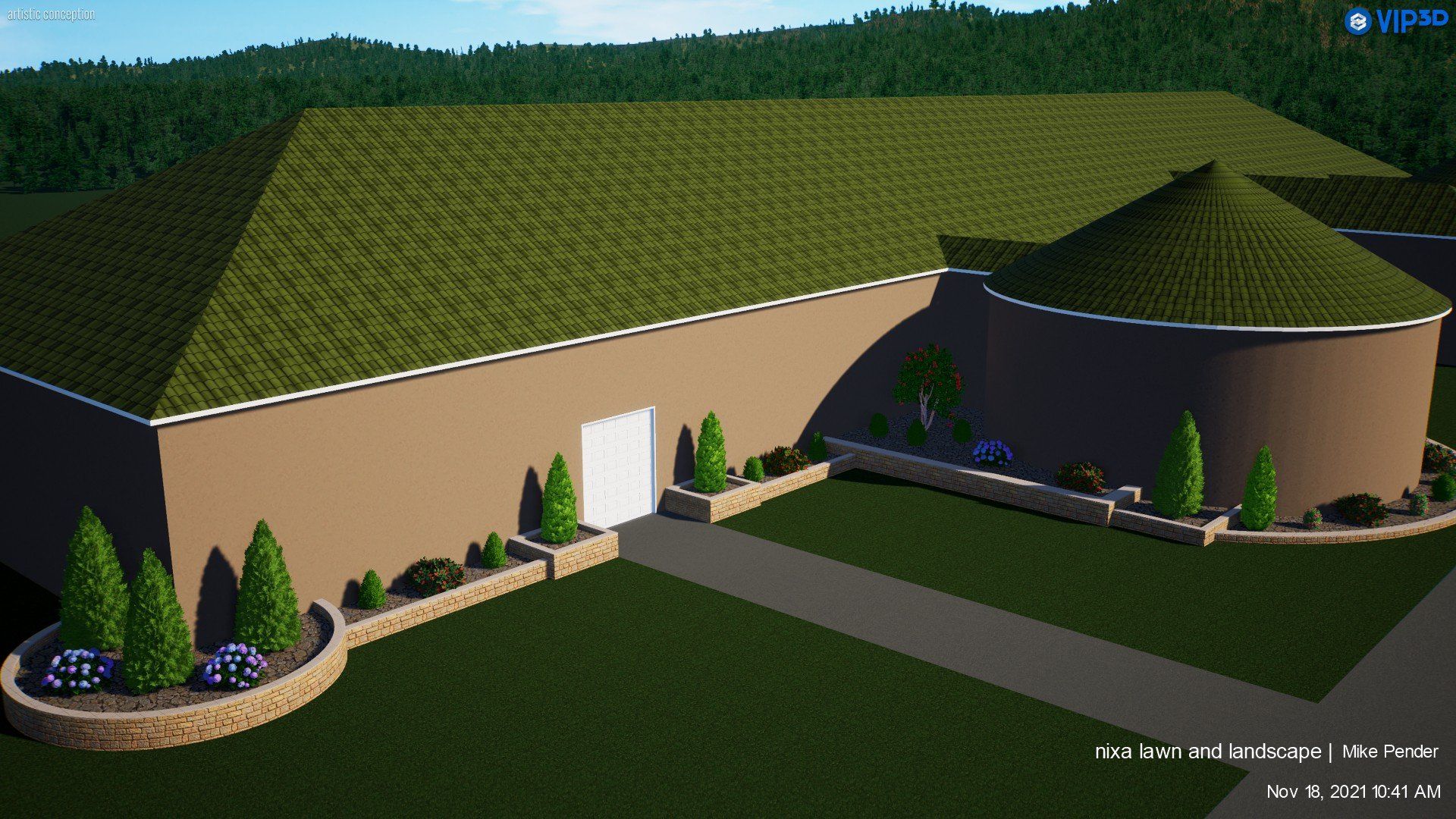 Tan building with green roof, round section, landscaped beds.