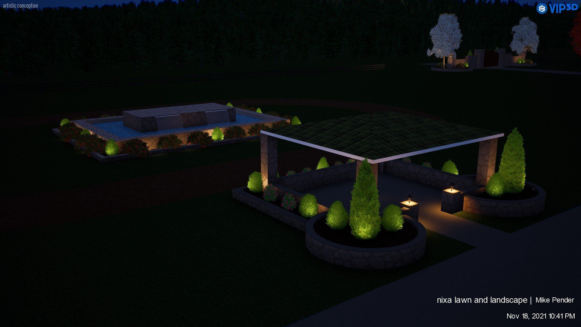 Night scene: Illuminated outdoor patio with green-roofed shelter, potted trees, and a water feature.