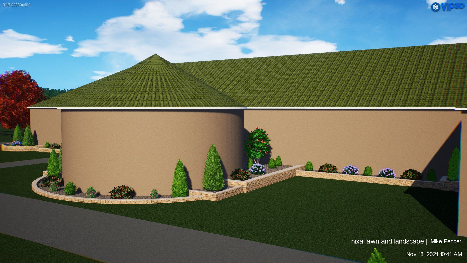 A beige building with a rounded section and green roof, landscaping with trees and bushes.