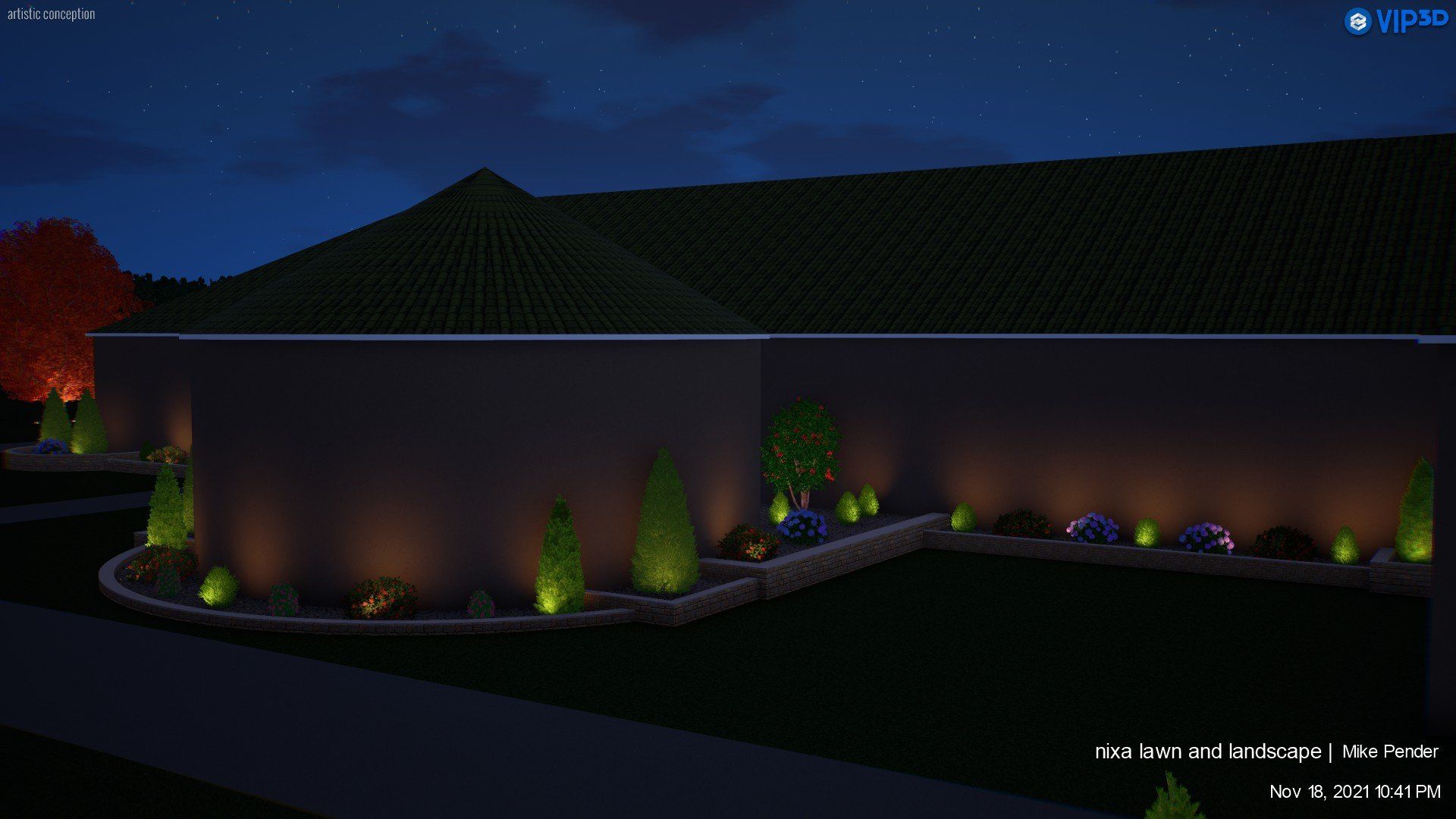 Exterior view of a house at night, illuminated landscaping with green uplights and trees.