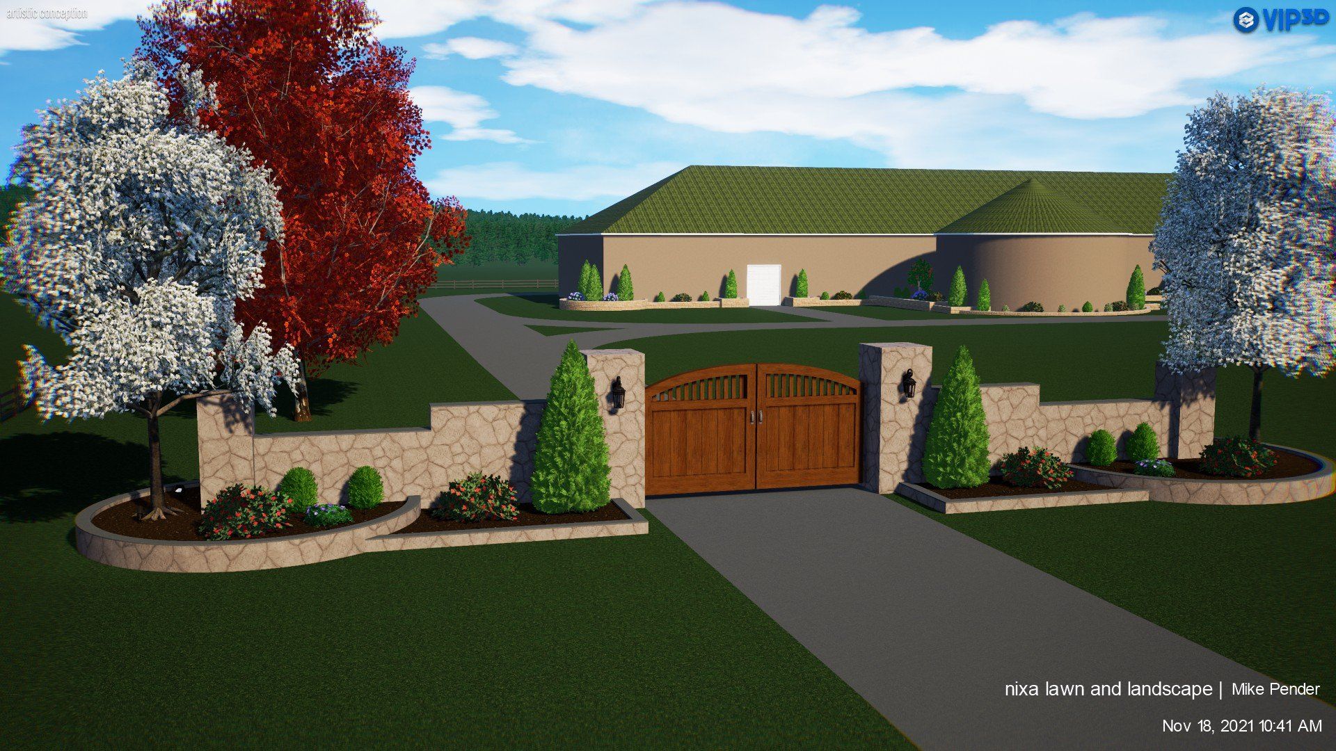 Entry to a large building with wooden gates, stone walls, and landscaping on a sunny day.