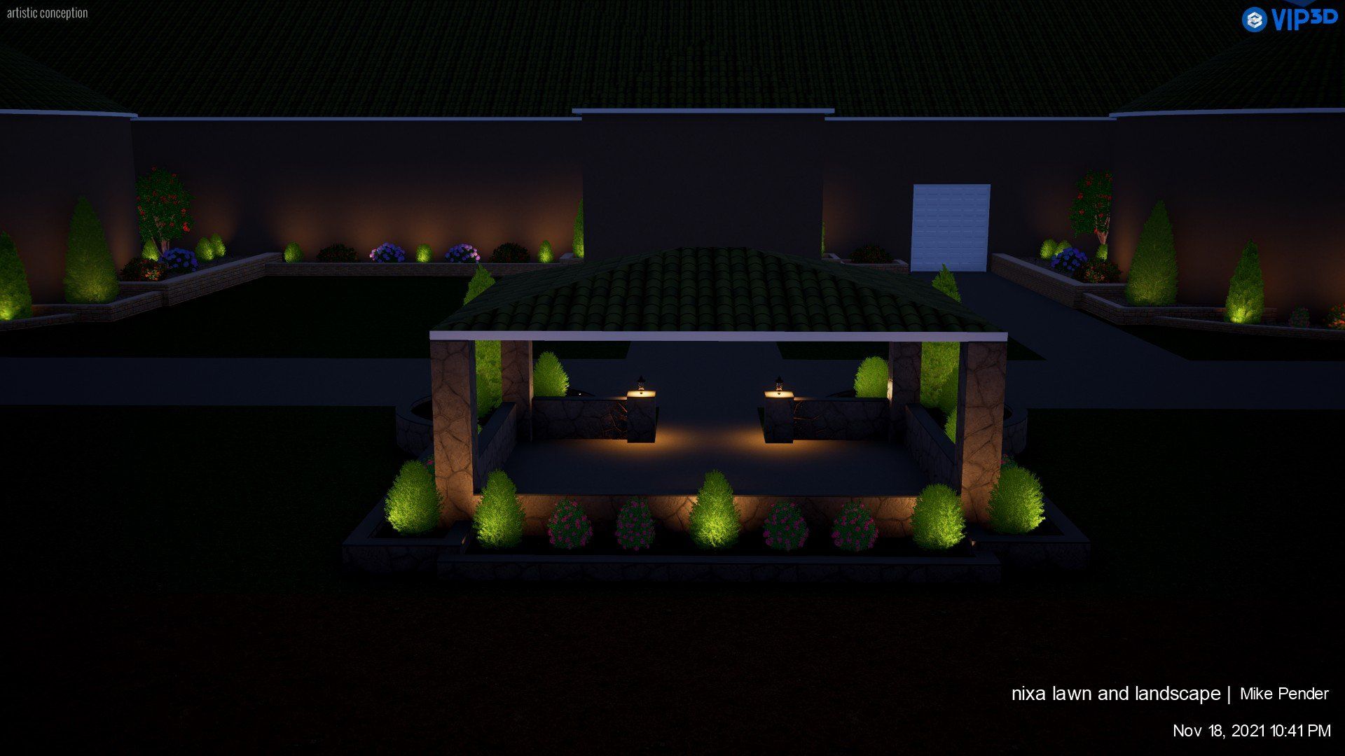 Nighttime outdoor scene with a gazebo and illuminated landscaping. Dark setting, lit by spotlights.