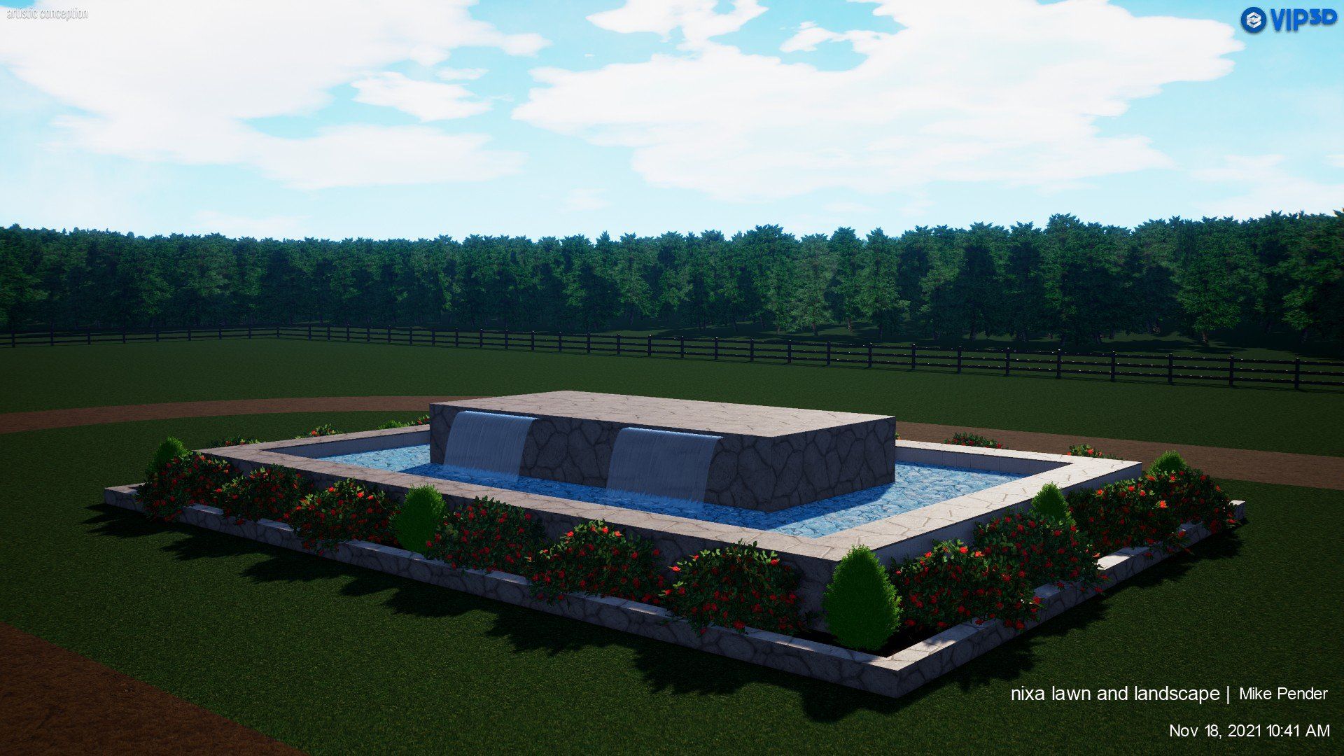 Fountain in a stone basin, water cascading down from a central structure. Surrounded by greenery, with trees in the background.