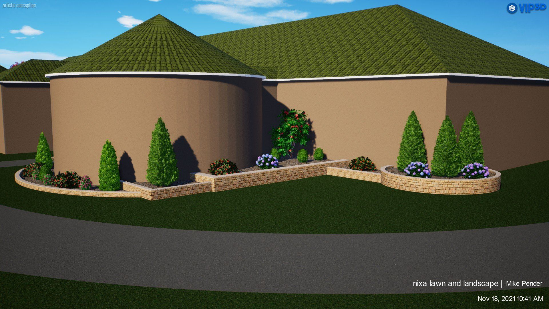 Rendering of a beige house with green roof, shrubs, and a curved stone retaining wall.