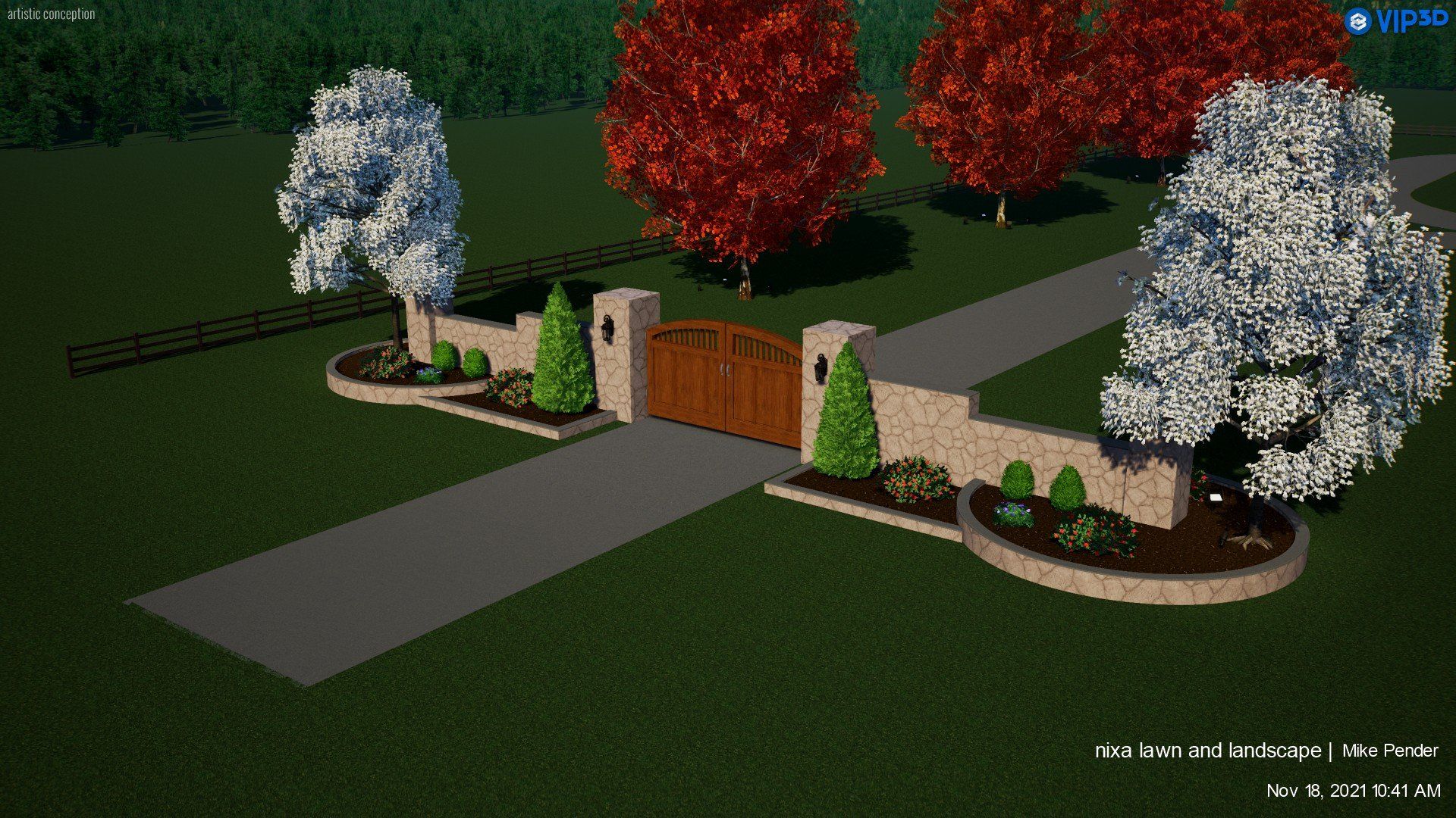 A gated entrance to a property with trees in red and white and landscaping.