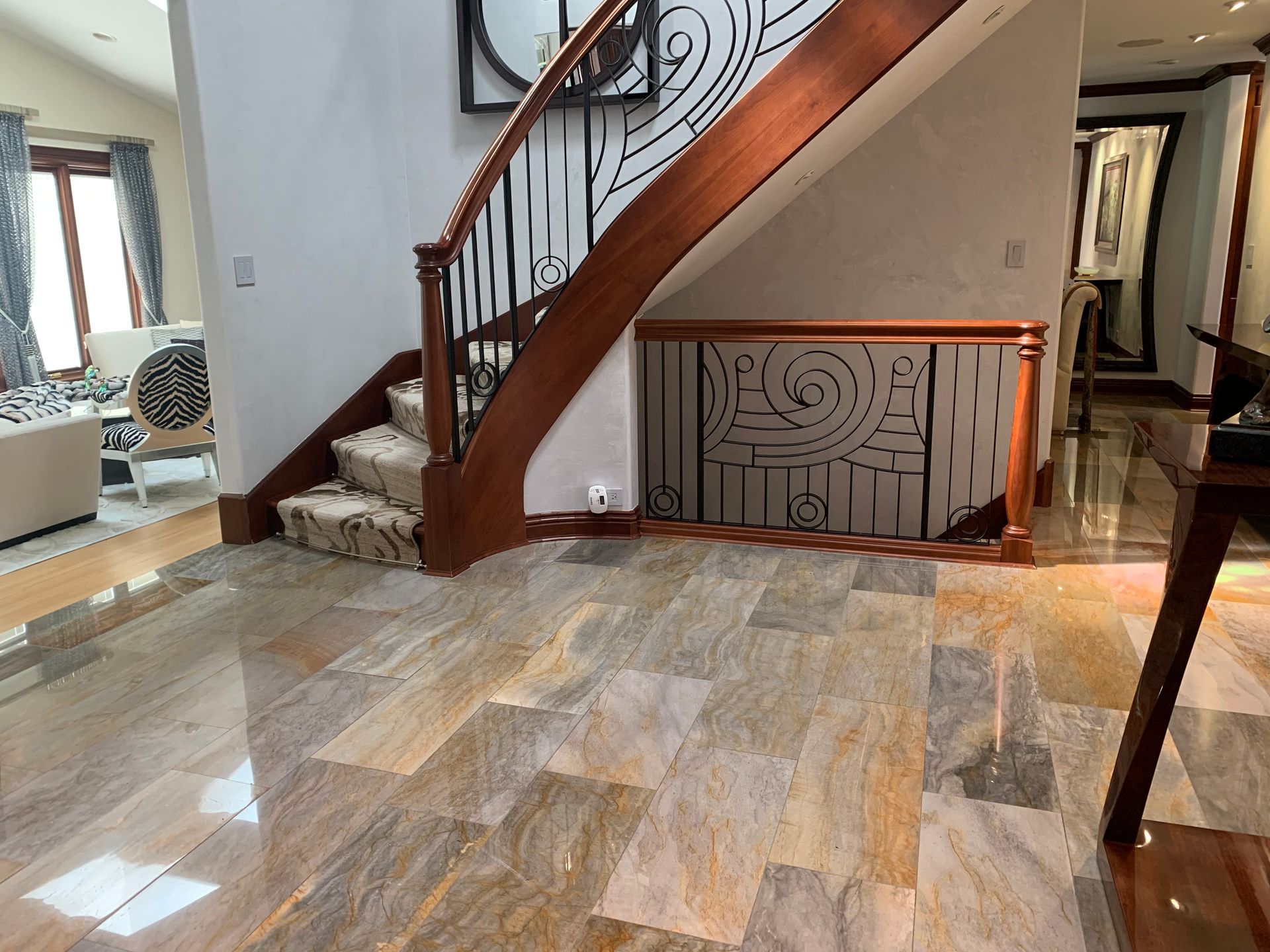 There is a staircase in the middle of the room.