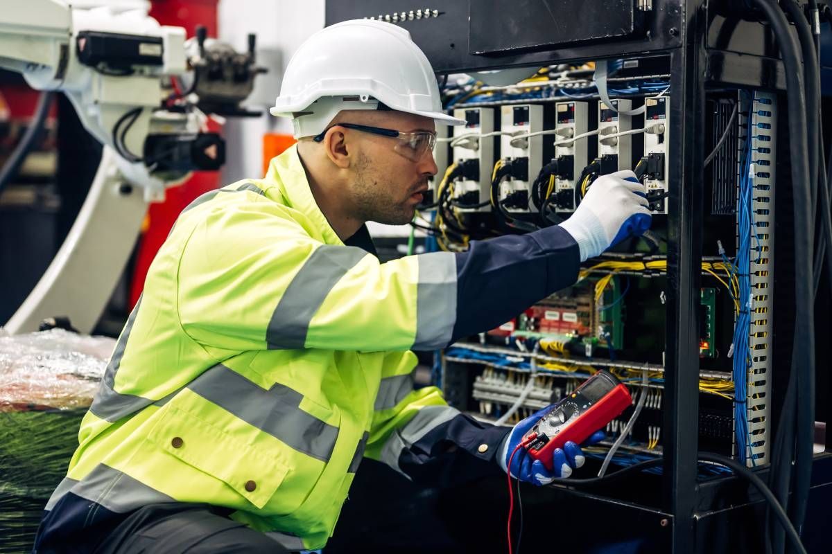 Cable technician wearing PPE, checking and maintaining an electrical system at Walker Electric near Lexington, Kentucky